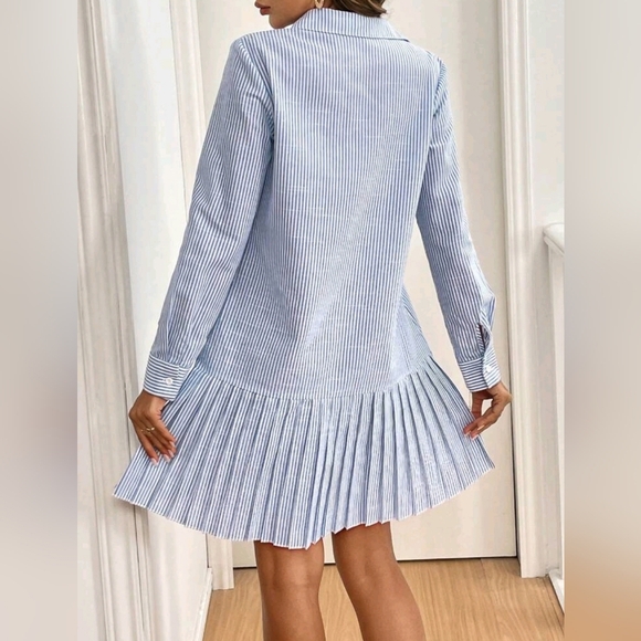 New Classic Striped Drop Waist Pleated Shirt Dress Blue White - Picture 4 of 8